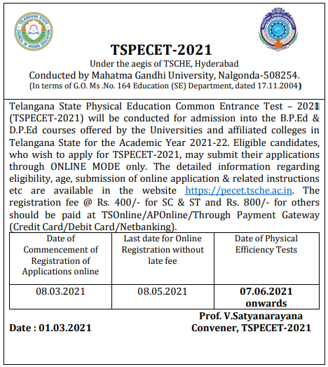 Telangana PECET Notification 2021 Telangana PECET Notification 2021
