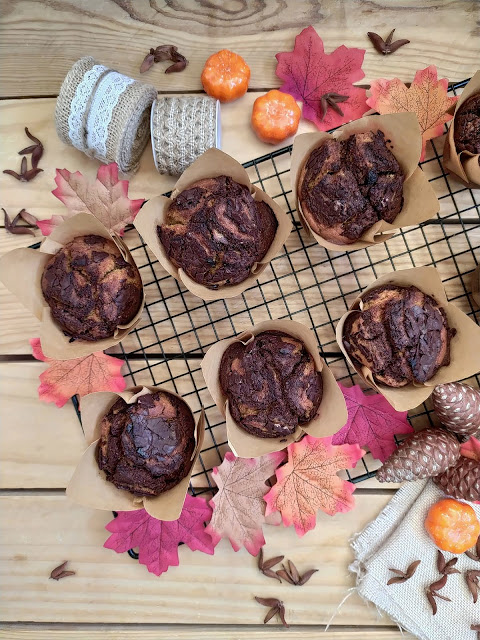 Muffins integrales de calabaza y chocolate marmolados Pumpkin Otoño Autumn Desayuno merienda postre Con horno Cuca