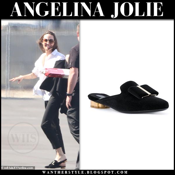 Angelina Jolie in black coat and black mules in LA on April 28 ~ I want her  style - What celebrities wore and where to buy it. Celebrity Style