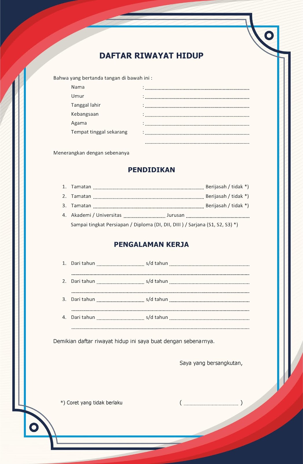 Daftar riwayat hidup cv kosong doc pdf word tulis tangan