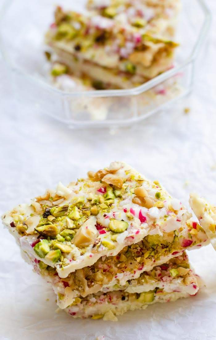 peppermint candy , walnut and pistachios bark