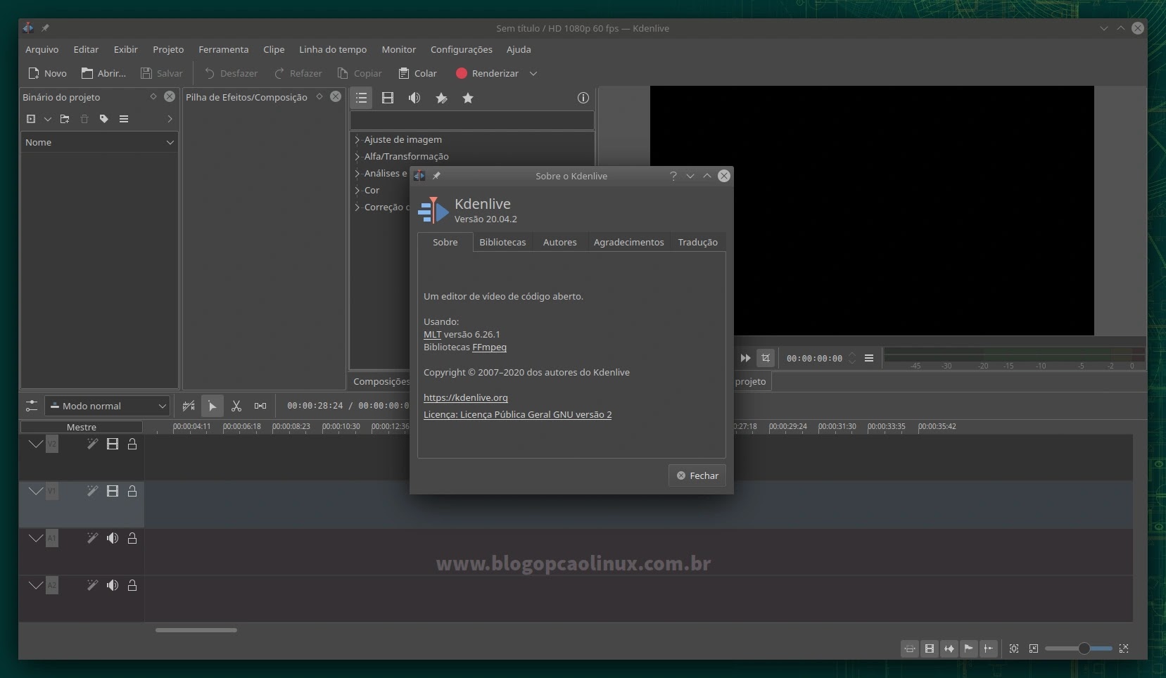 Kdenlive executando no openSUSE Leap 15.3