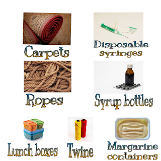 This image shows uses of Polypropylene in ropes,twine,syrup bottles, lunch boxes, margarine containers, disposable syringes, carpets