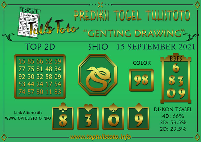 Prediksi Togel GENTING DRAWING TULISTOTO 15 SEPTEMBER 2021