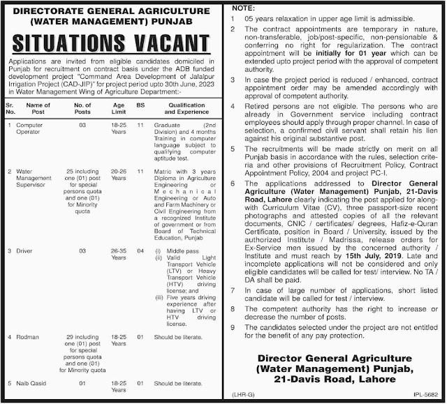 Agriculture Department Lahore Jobs 2019