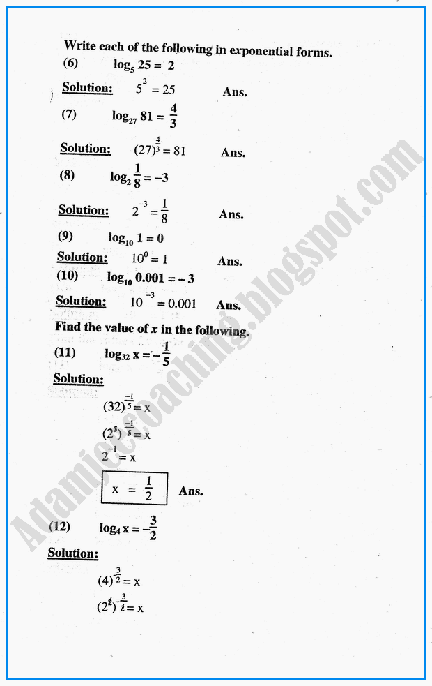 Adamjee Coaching Exercise 3.2 Logarithms Mathematics Notes for