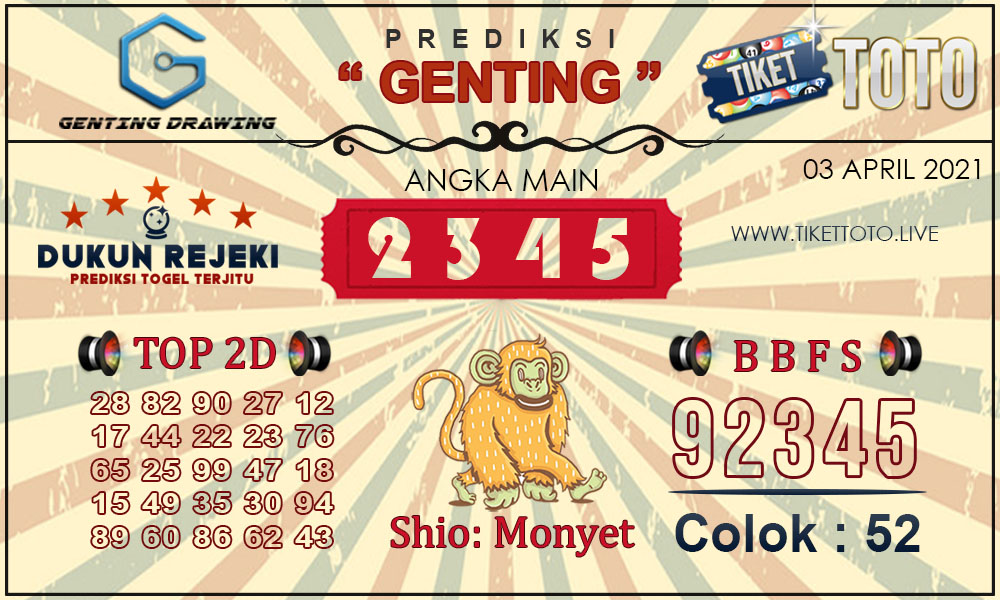 Prediksi Togel GENTING DRAWING TIKETTOTO 03 APRIL 2021