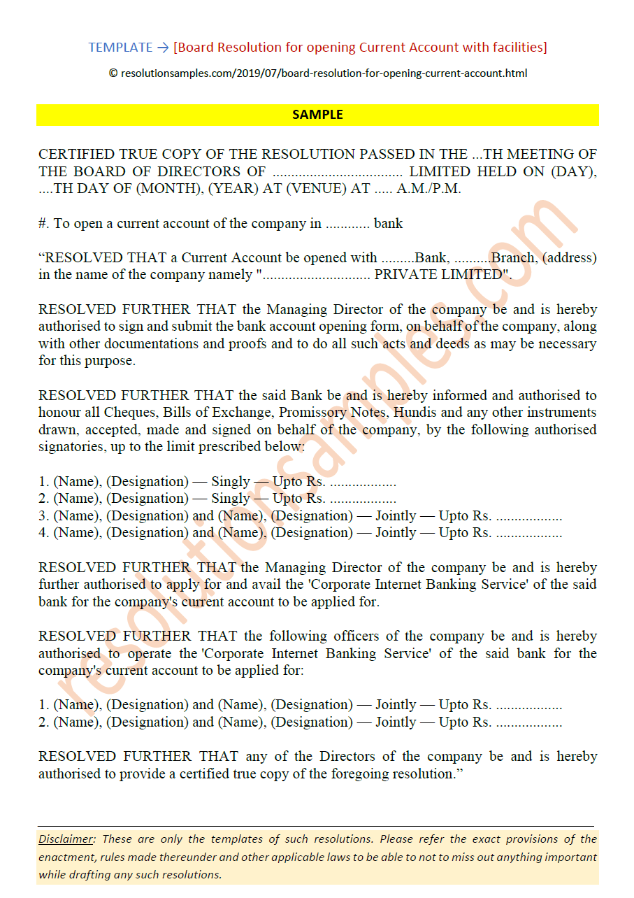 Board Resolution for Opening a New Current Account with Bank