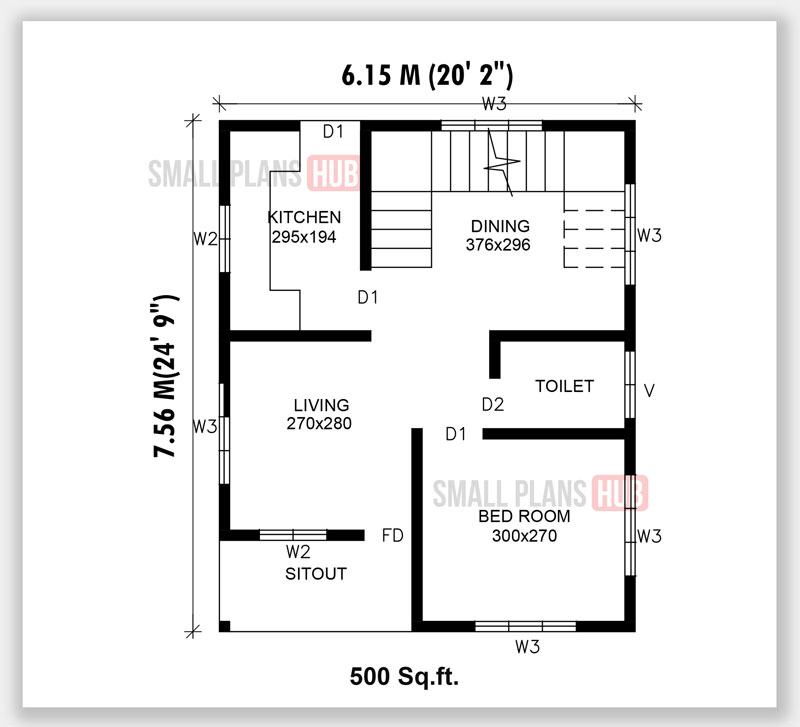 Single Bedroom House Plans with Staircase Under 500 Sq.ft