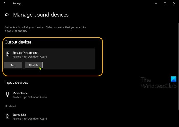 Aplicación Configuración (Administrar dispositivos de sonido)