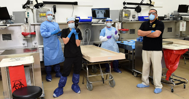 Four people standing in a lab