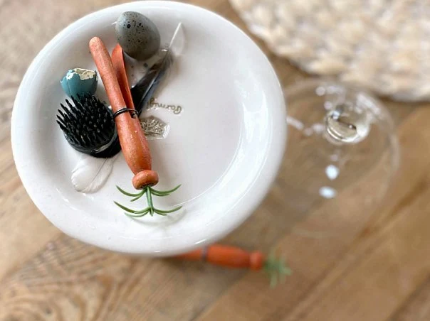 Dish with clothespin carrots, and eggs