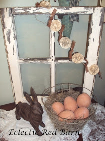 Eclectic Red Barn: Old, old window with cast iron bunny and wire basket