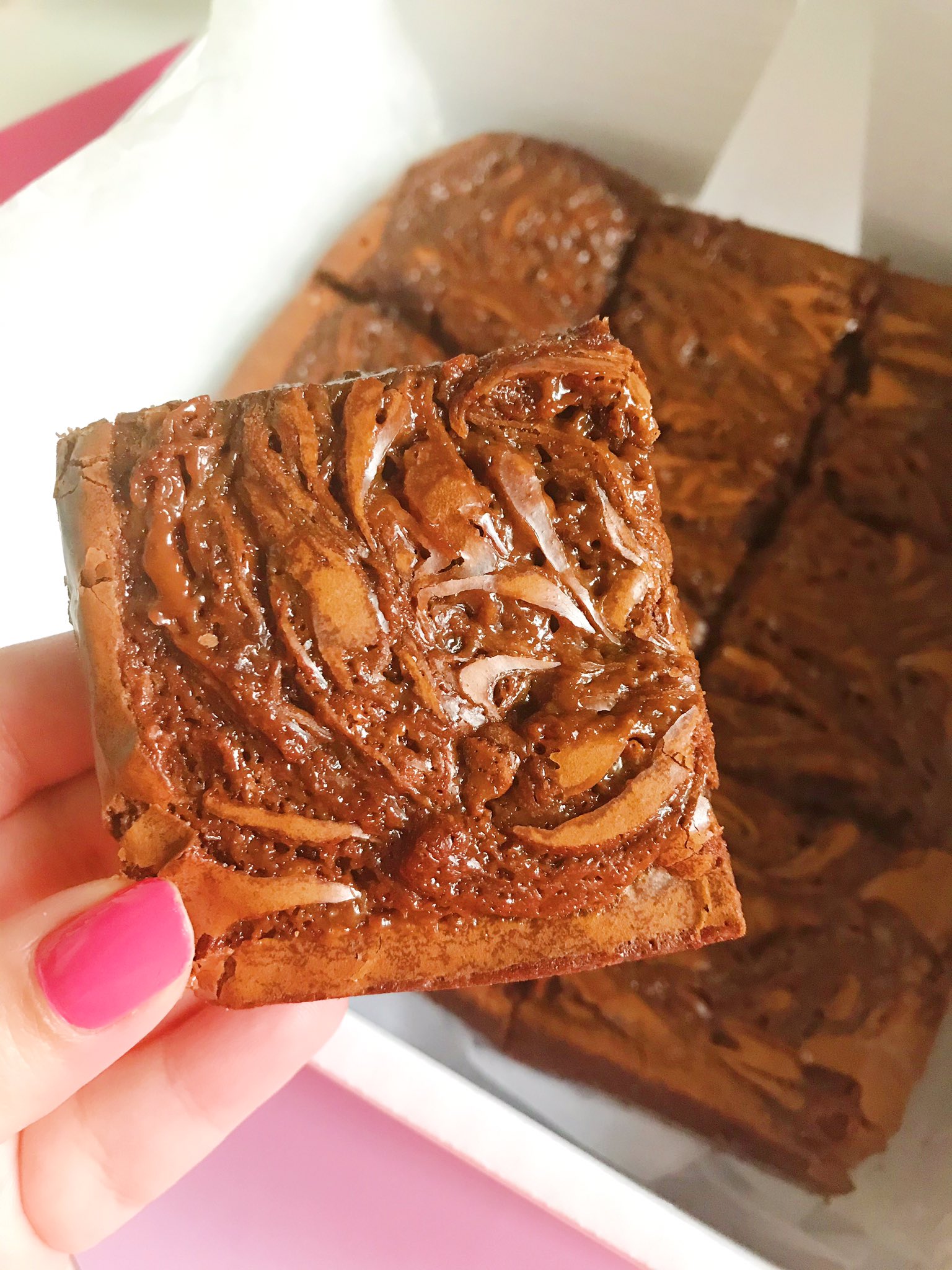 Salted Caramel brownies held up over flatlay