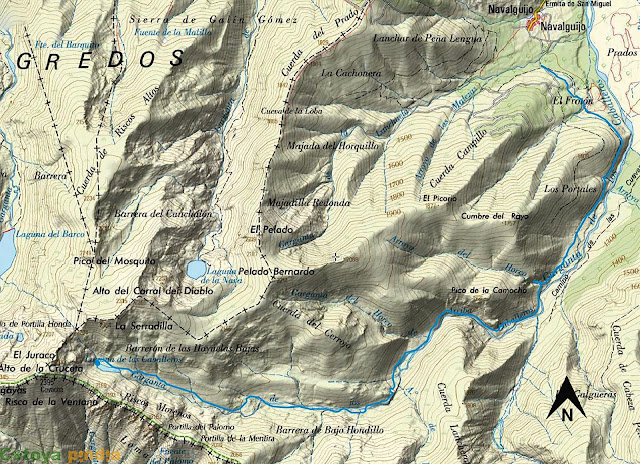 Map IGN de la ruta señalizada desde la Laguna de los Caballeros hasta Navalguijo