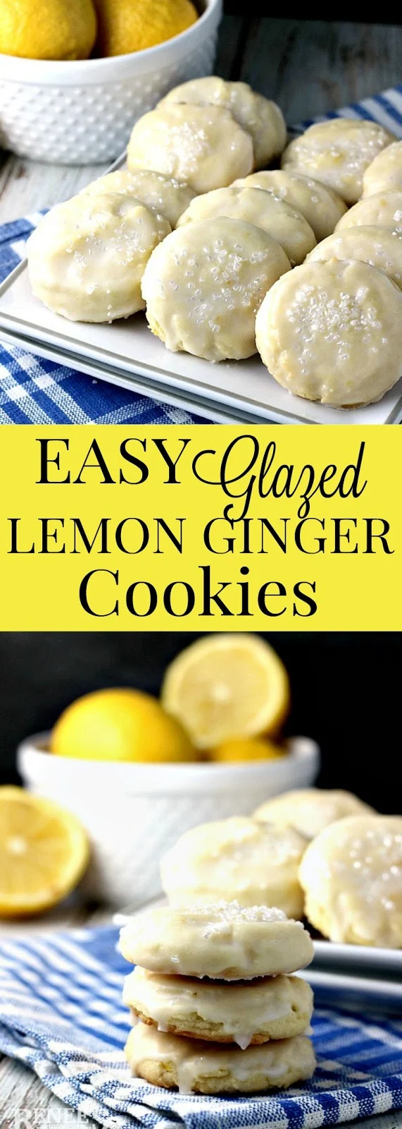 Easy Glazed Lemon Ginger Cookies | Renee's Kitchen Adventures - easy dessert cookie recipe for lemony drop cookies studded with candied ginger and glazed with a lemon icing