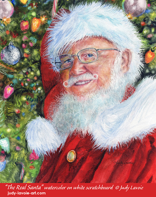 "The Real Santa" a watercolor on white scratchboard © Judy Lavoie