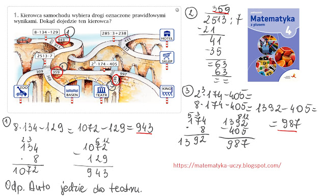 Zad. 1 i 2 oraz zagadka str. 107 "Matematyka z plusem 4" Działania pisemne - zadania z treścią.