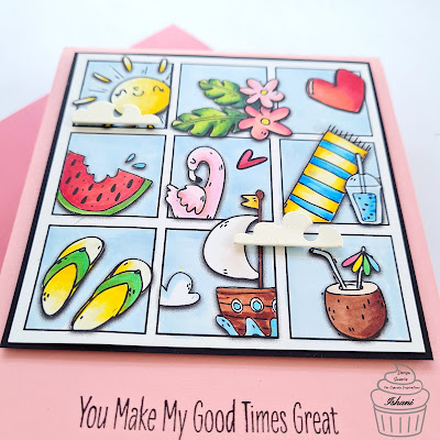 Summer theme card, Bugaboo Summer collage, MFT tweet friends, MFT Summer card,card with squares, Digital stamps, every day cards, Quillish