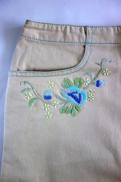 embroidery, embroidered skirt, blah to TADA, sewing crafts, floral embroidery, flowers