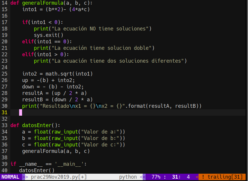 Solución de ecuaciones cuadraticas por formula general con Python