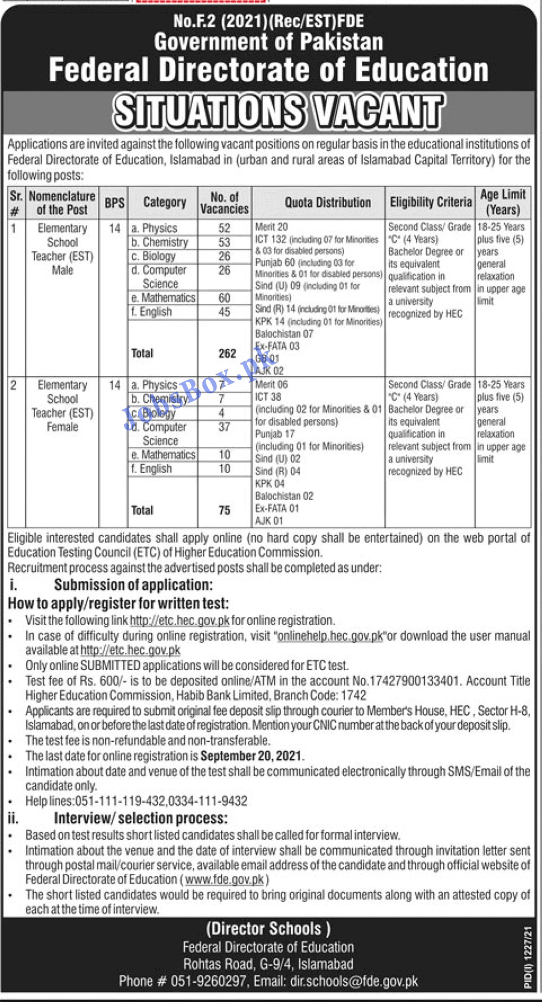 Federal Directorate of Education Government of Pakistan jobs 2021