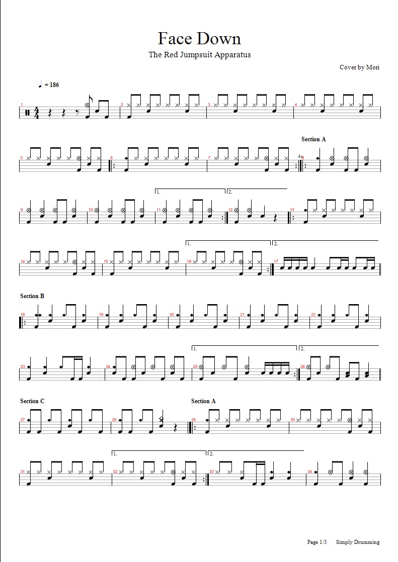 鼓手森 Simply Drumming The Red Jumpsuit Apparatus Face Down drum sheet