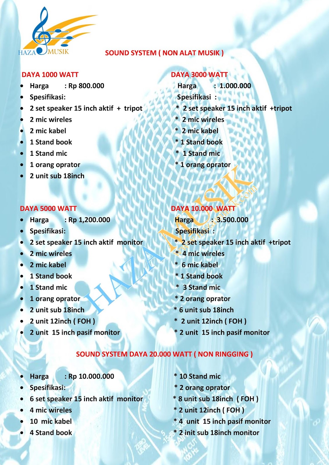 Harga rental soundsystem sesuai daya watt di medan HAZA MUSIK