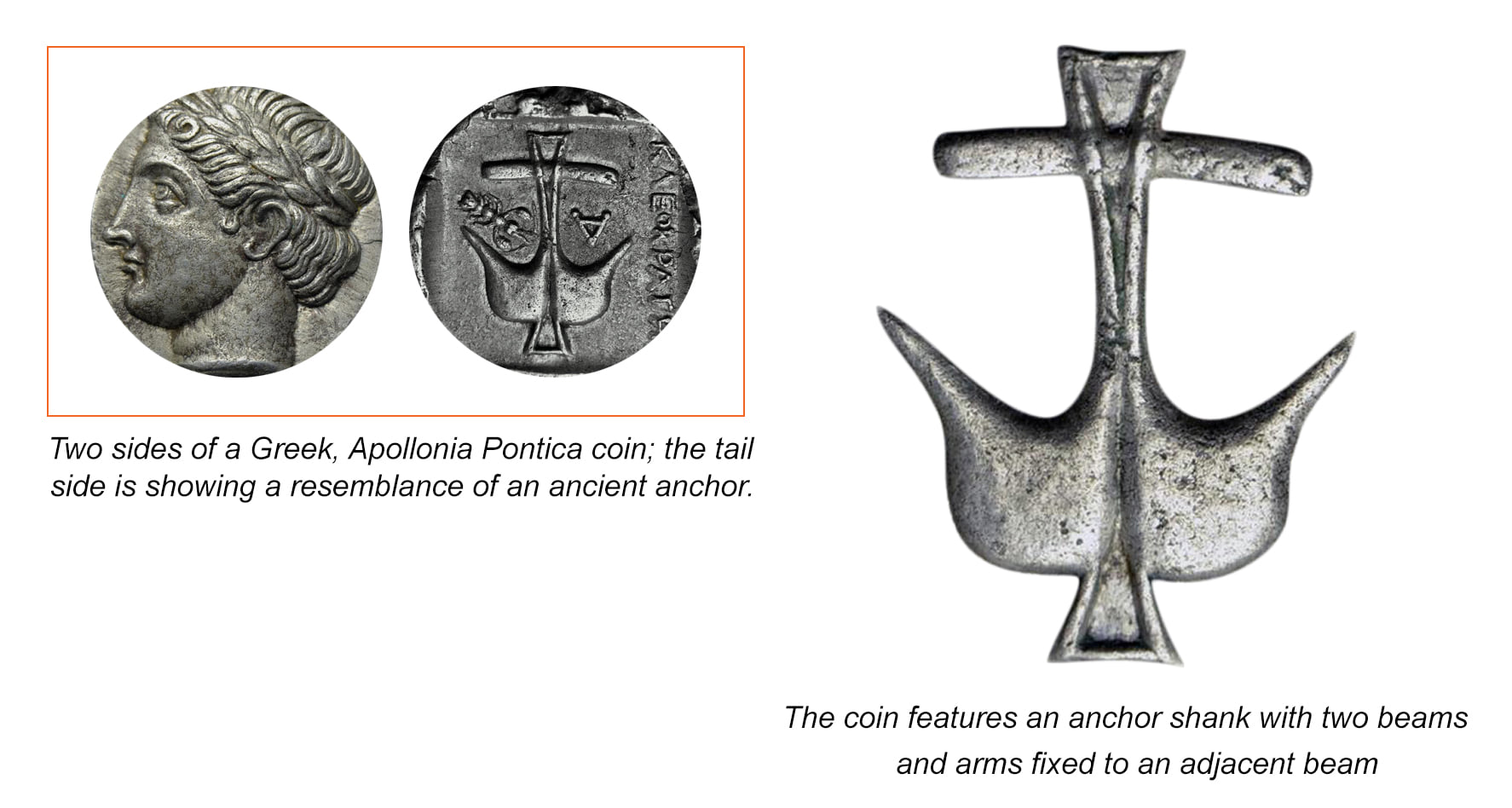 Features of an ancient anchor resemblance in Greek, Apollonia Pontica coin.