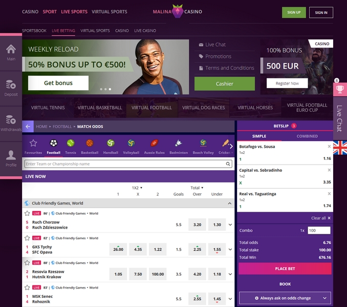 Malina Live Betting Screen