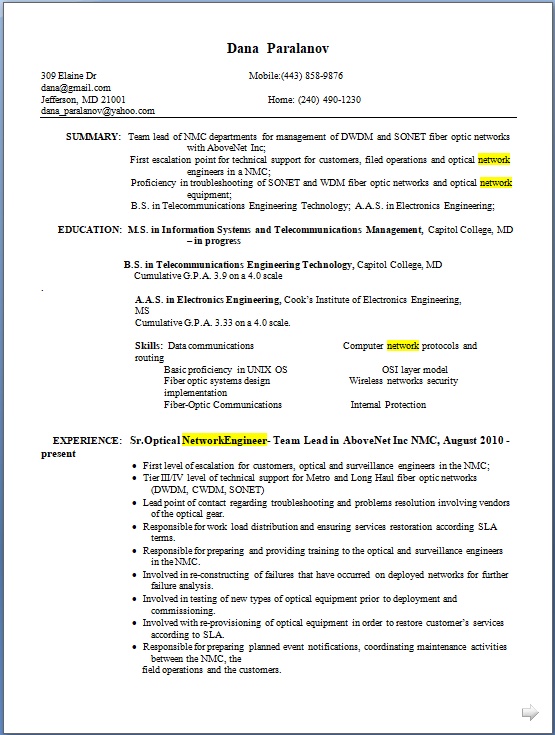 Sr. Optical Network Engineer Sample Resume Format in Word Free Download