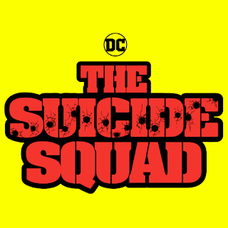 The Suicide Squad written in red, outlined in black on a yellow background. Suicide has bullet holes in