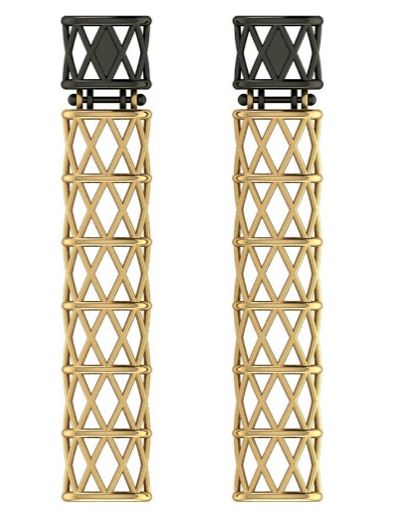 Orecchini "Gazometro" (3d rendering) serie "Scaffolding" in argento 925 finitura galvanica oro e rutenio. Designer Francesca Gabrielli