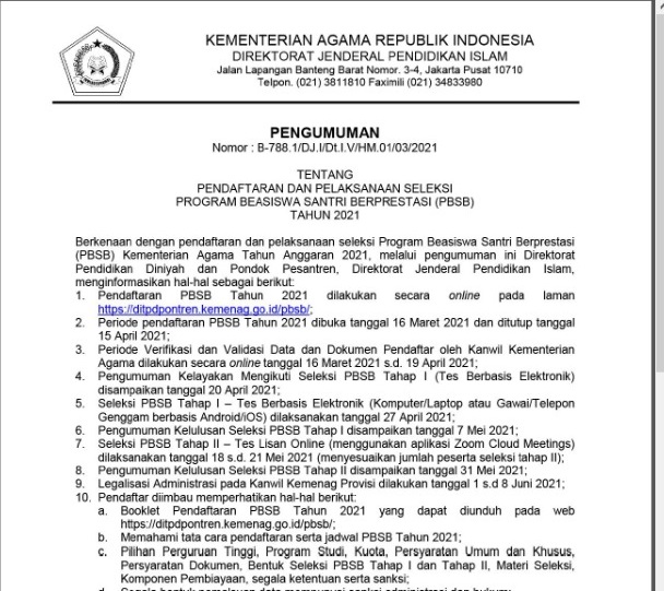 Surat Edaran Pendaftaran Dan Pelaksanaan Seleksi Program Beasiswa Santri Berprestasi Pbsb Tahun 2021 Admin Bawean