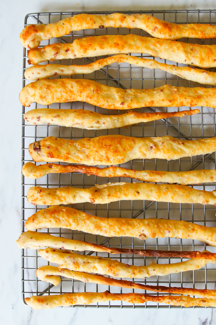 Bacon and Parmesan Grissini (thin breadsticks) Bake at 350°