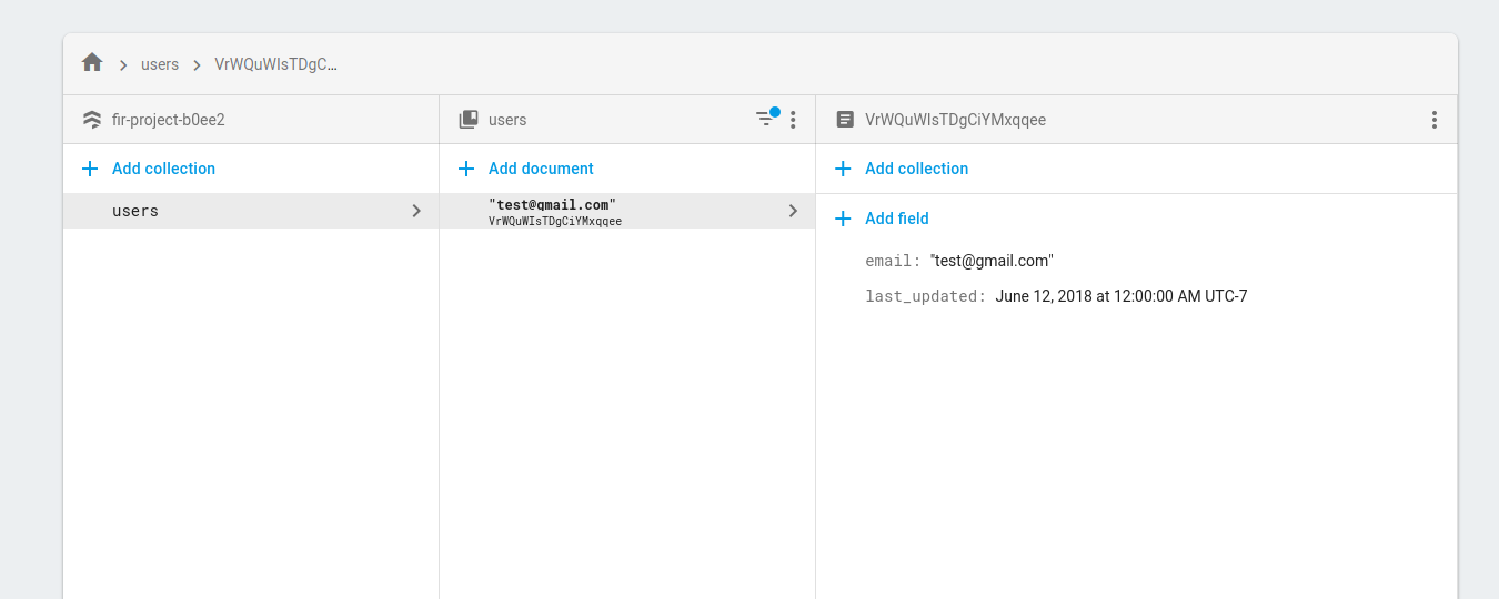 Image showing Cloud Firestore data viewer in the console with the filter applied and a single document with ‘test@gmail.com’