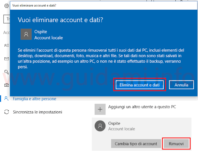 Windows 10 eliminare account Ospite