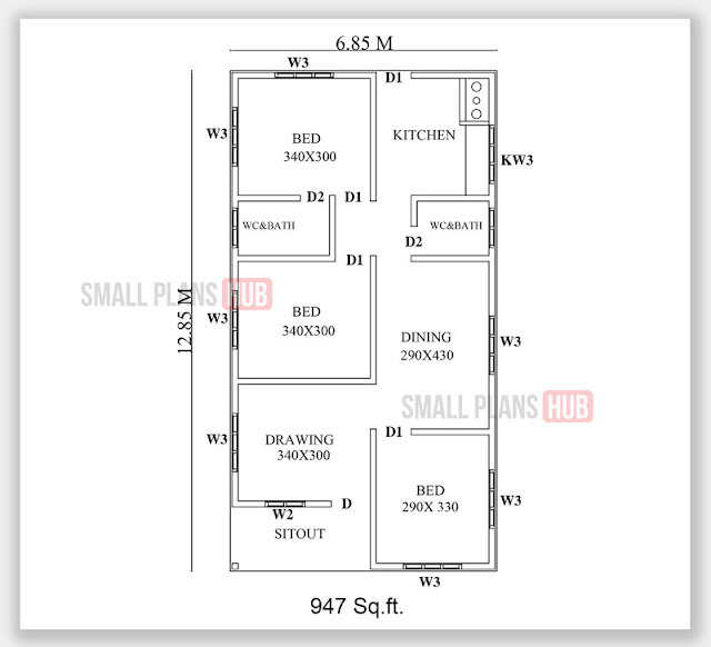 947 Sq.ft. 3 Bedroom Single Floor Plan and Elevation