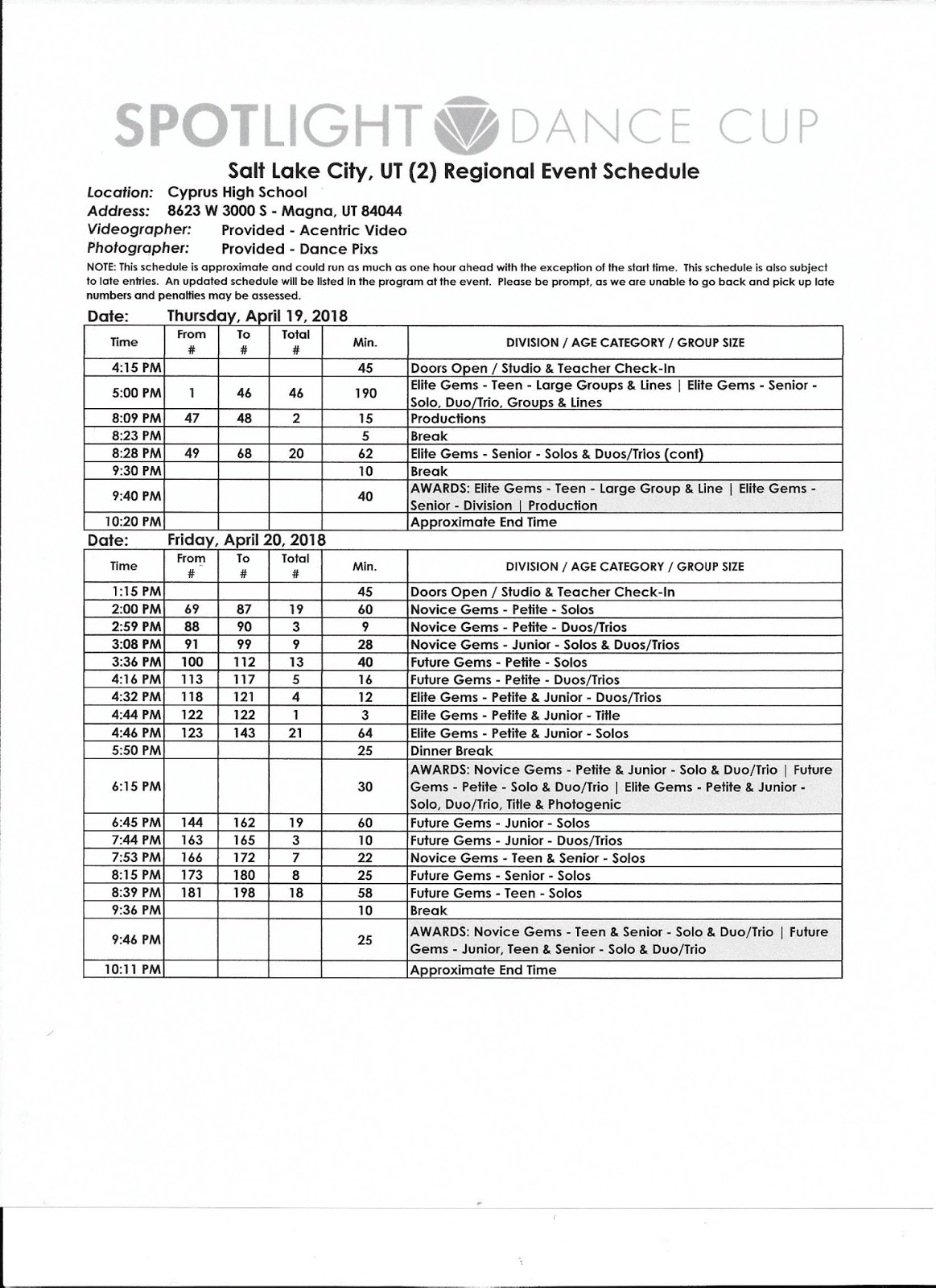 Spotlight GENERAL Schedule