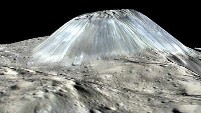 his view from NASA's Dawn mission shows Ceres' tallest mountain Ahuna Mons, 2.5 miles high and 11 miles wide.