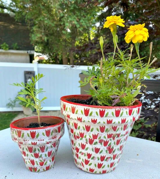 Napkin decoupaged planters with marigolds