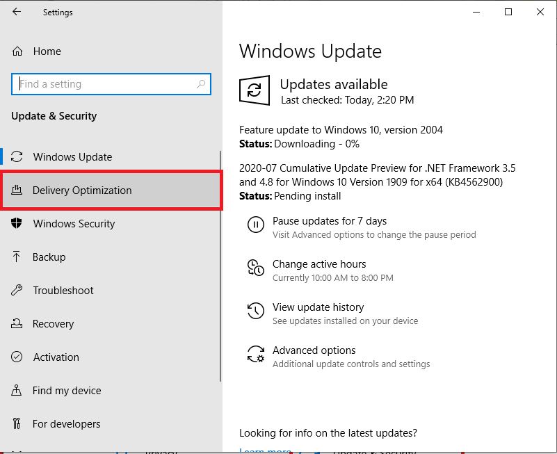 Delivery optimization windows 10