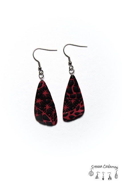 Boucles oreilles pâte polymère Sutton Slice Mica Shift noir rouge Stenna Création Fimo