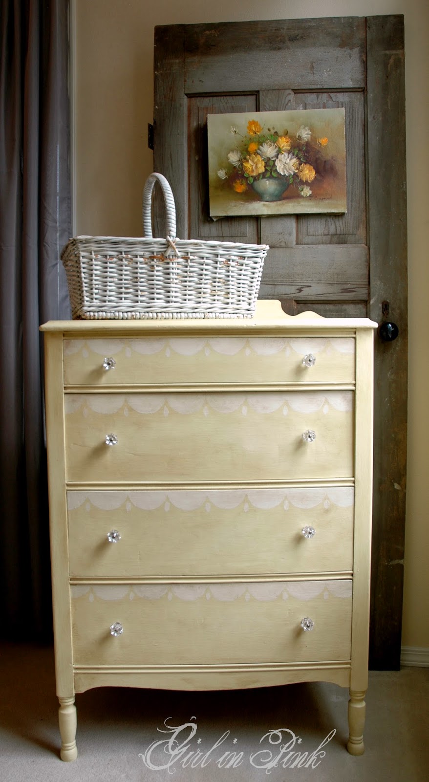 Girl in Pink Scalloped Cottage Cream Dresser Details