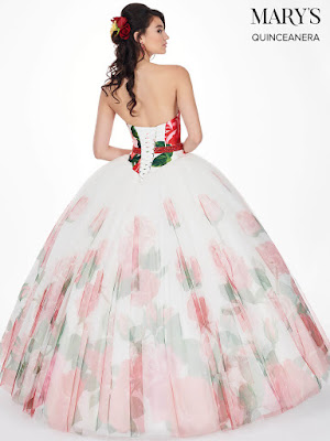 Ivory Print Color Mary's Quinceanera Ball Gown Design Dress back side