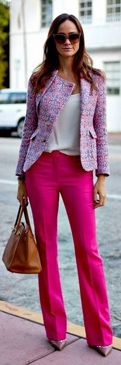 street style: pretty work wear with hot pink pants