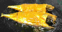 Frying two full fish on pan or tawa for fish fry recipe