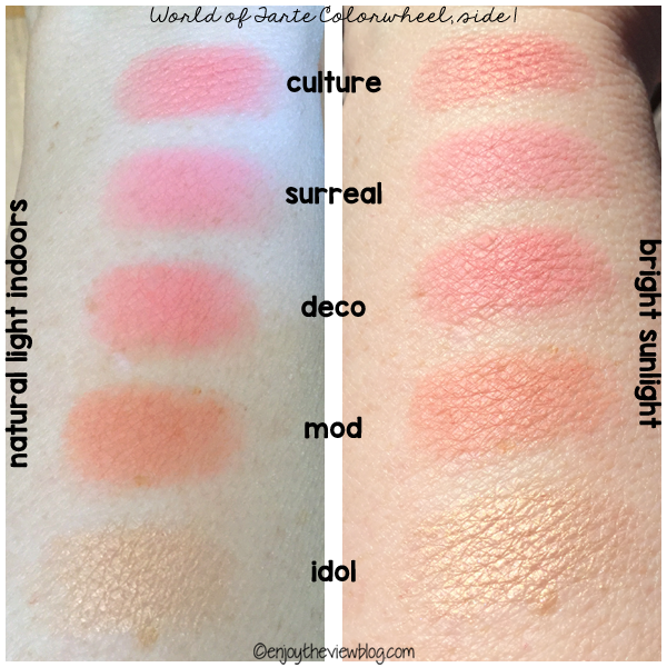 Swatches of half the shades in the Works of Tarte Blush Palette Color Wheel 