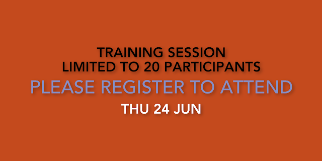 Orange background with lines of text in black, purple and white reading: training session limited to 20 participants, please register to attend, Thu 24 Jun