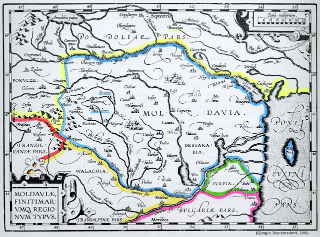Покутье, Трансильвания, Валахия и Молдавия  на карте Рейхерсдорфа (1550 год). Направление на север повёрнуто примерно на 30° против часовой стрелки. commons.wikimedia.org